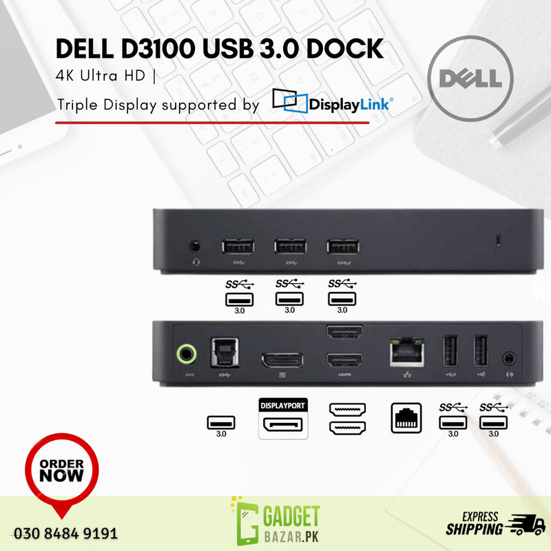 Dell D3100 USB 3.0 Ultra HD/4K Triple Display Docking Station