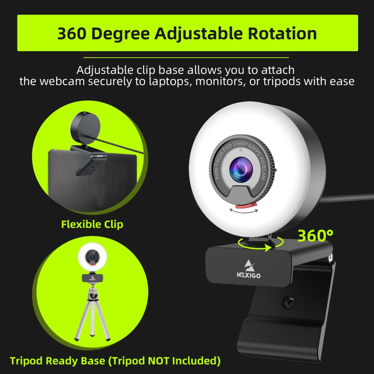 NexiGo N960E 1080p Webcam 60 FPS Adjustable Ring Light Dual Stereo Microphone Black - Image 7
